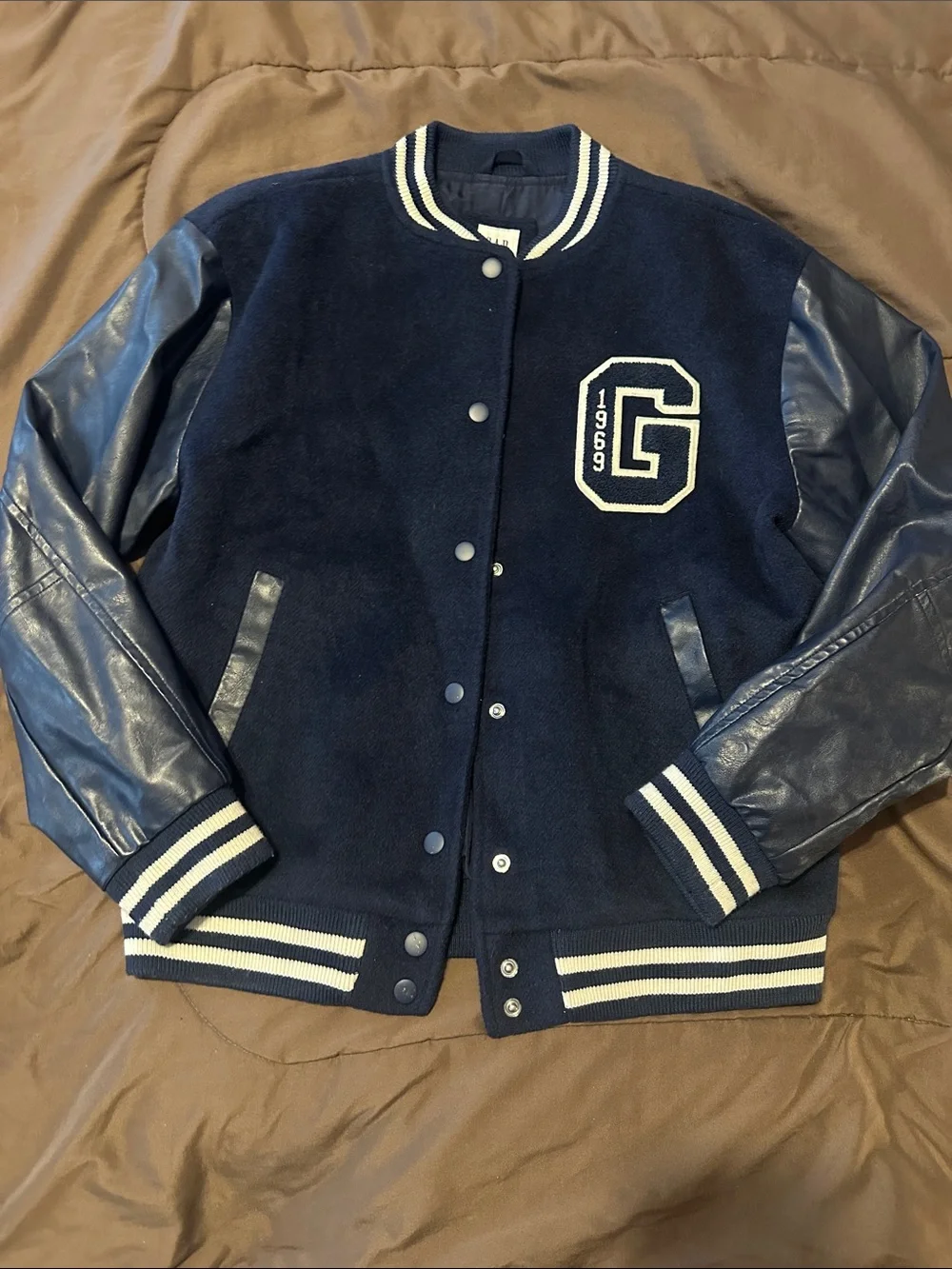 GAP Navy Blue Varsity Jacket with Leather-Look Sleeves